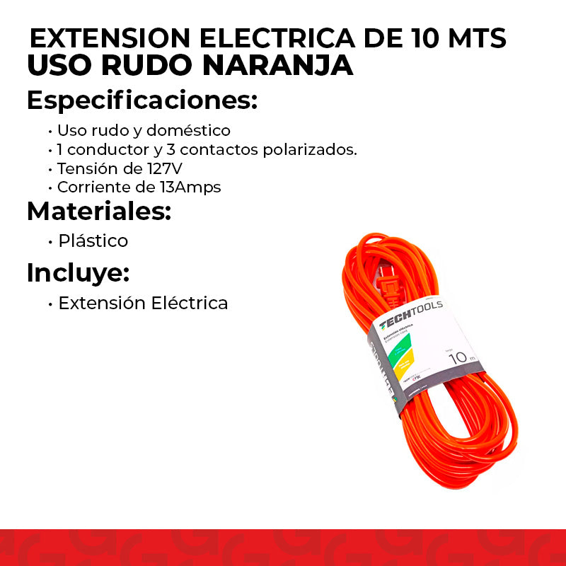 Extensión Eléctrica 10 Metros Uso Rudo Naranja